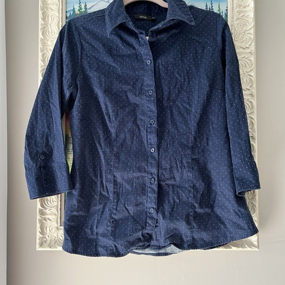 Apt 9 Top Women’s Button Down Long Sleeve Navy Polka Dots Sz Large‎